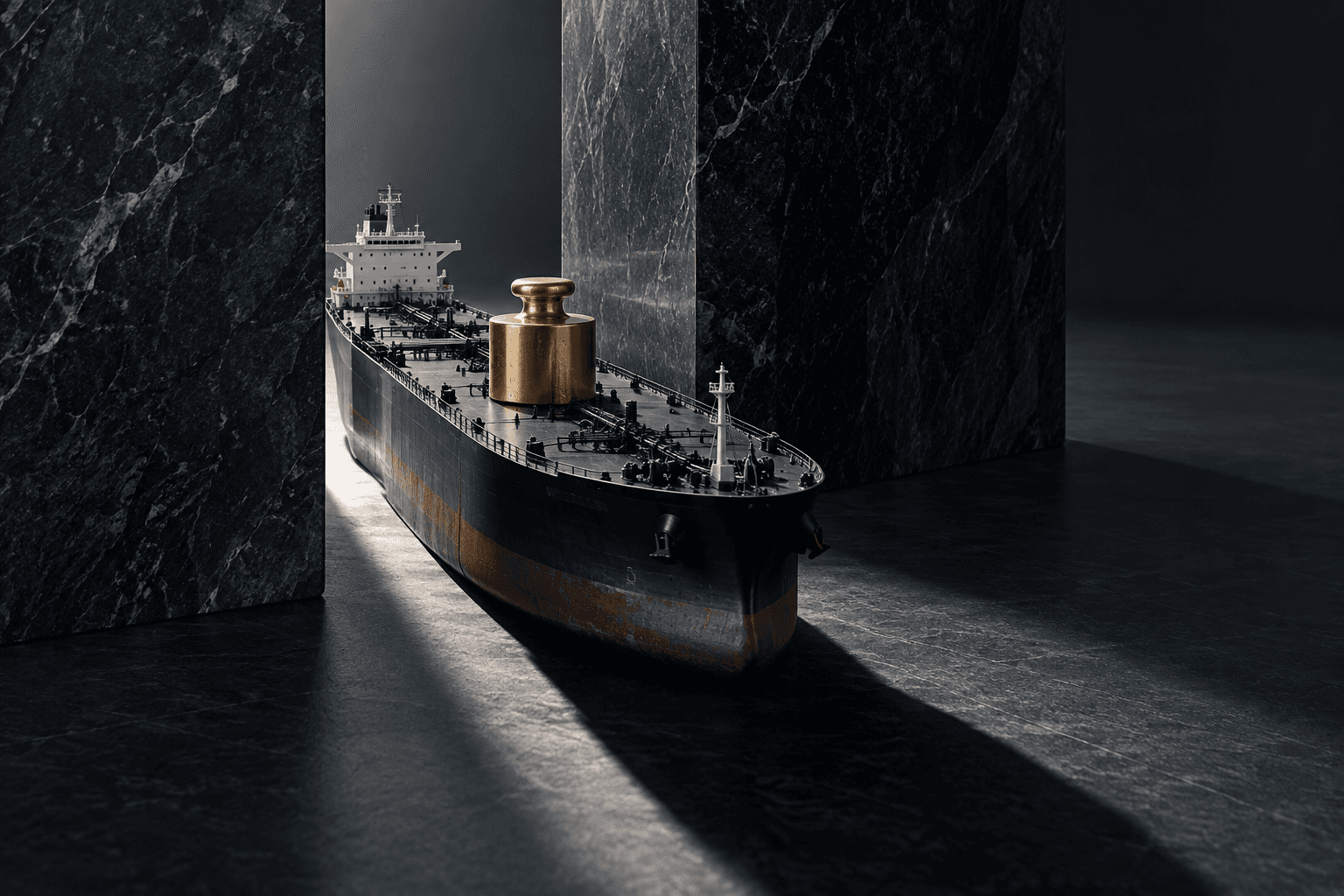 A model oil tanker passes through a narrow gap between two blocks of dark stone while a brass weight rests on its deck.