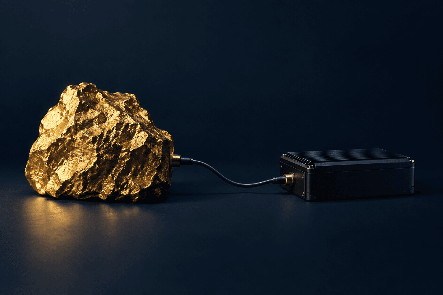Un bloc de minerai aurifère brut repose près d’un module de données noir scellé, sous un éclairage de studio dirigé.