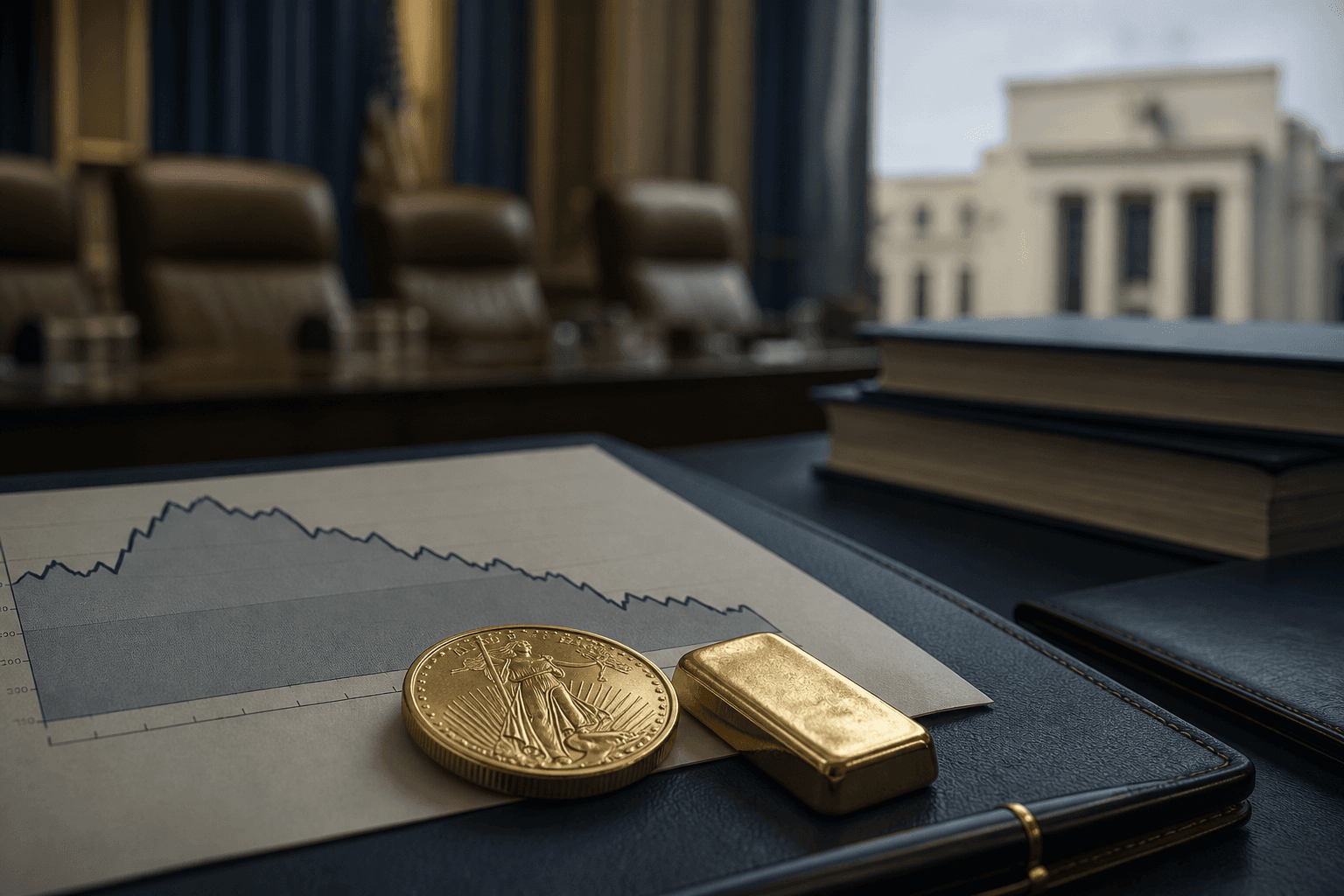Gold beside an interest-rate chart with a central-bank meeting room in the background