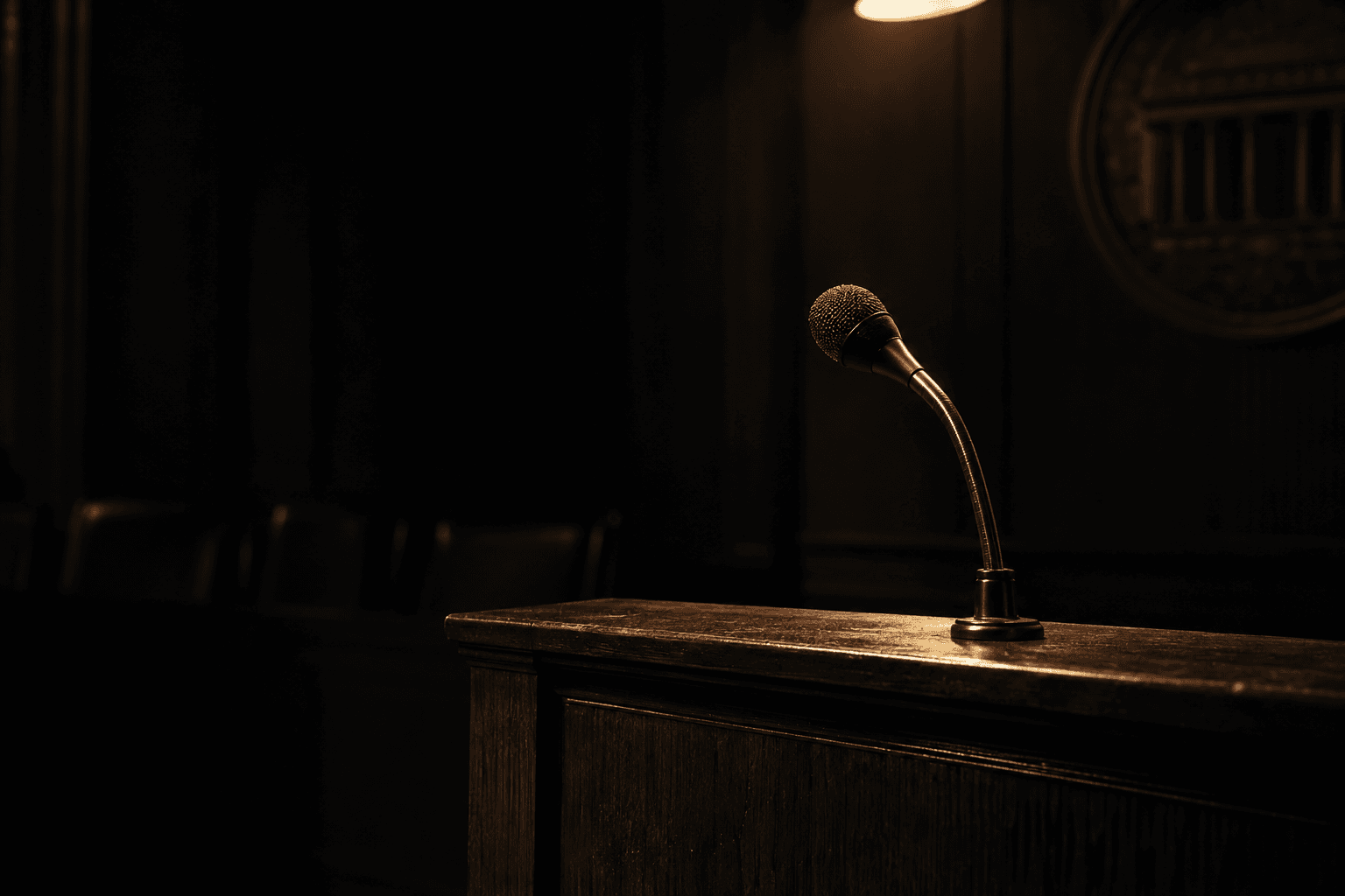 An unmarked metal microphone stands on a wooden lectern beneath a single overhead lamp in an empty central-bank briefing room.