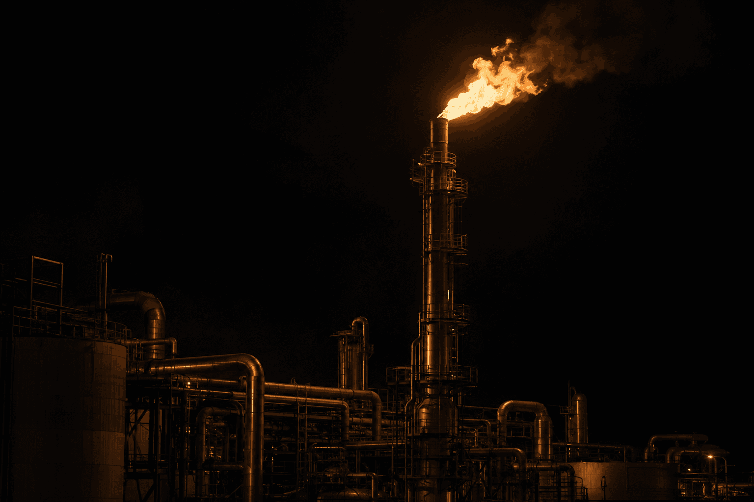 A refinery flare burns above a steel stack and surrounding pipes, illuminating the structure.