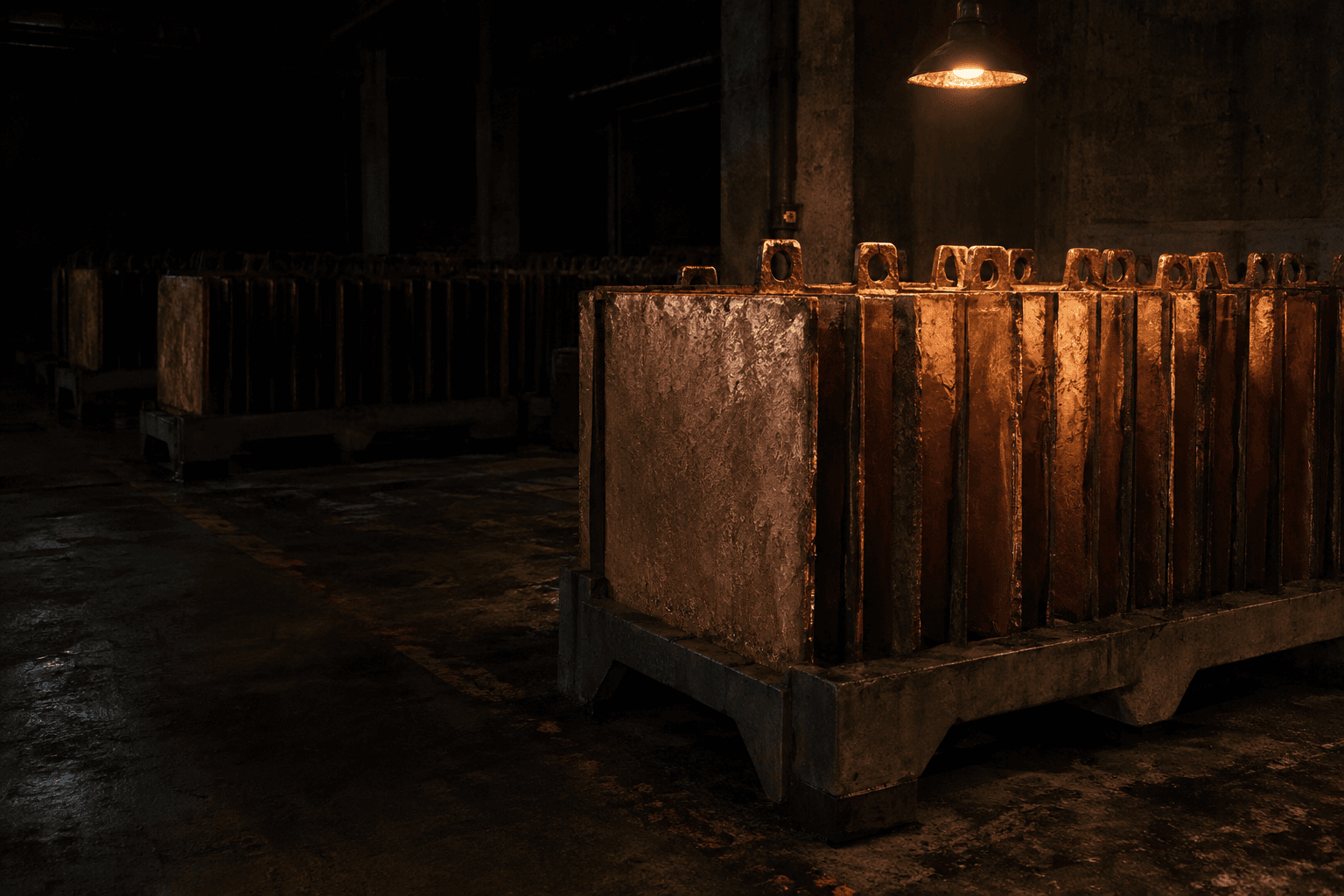 Rows of rough copper anodes stand in a concrete refinery storage bay beneath a single overhead inspection lamp.