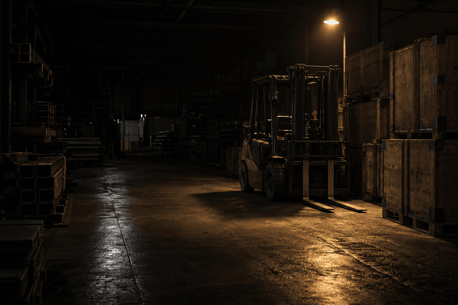 An unmarked forklift rests beside timber shipping crates in a metals warehouse beneath a single overhead lamp.