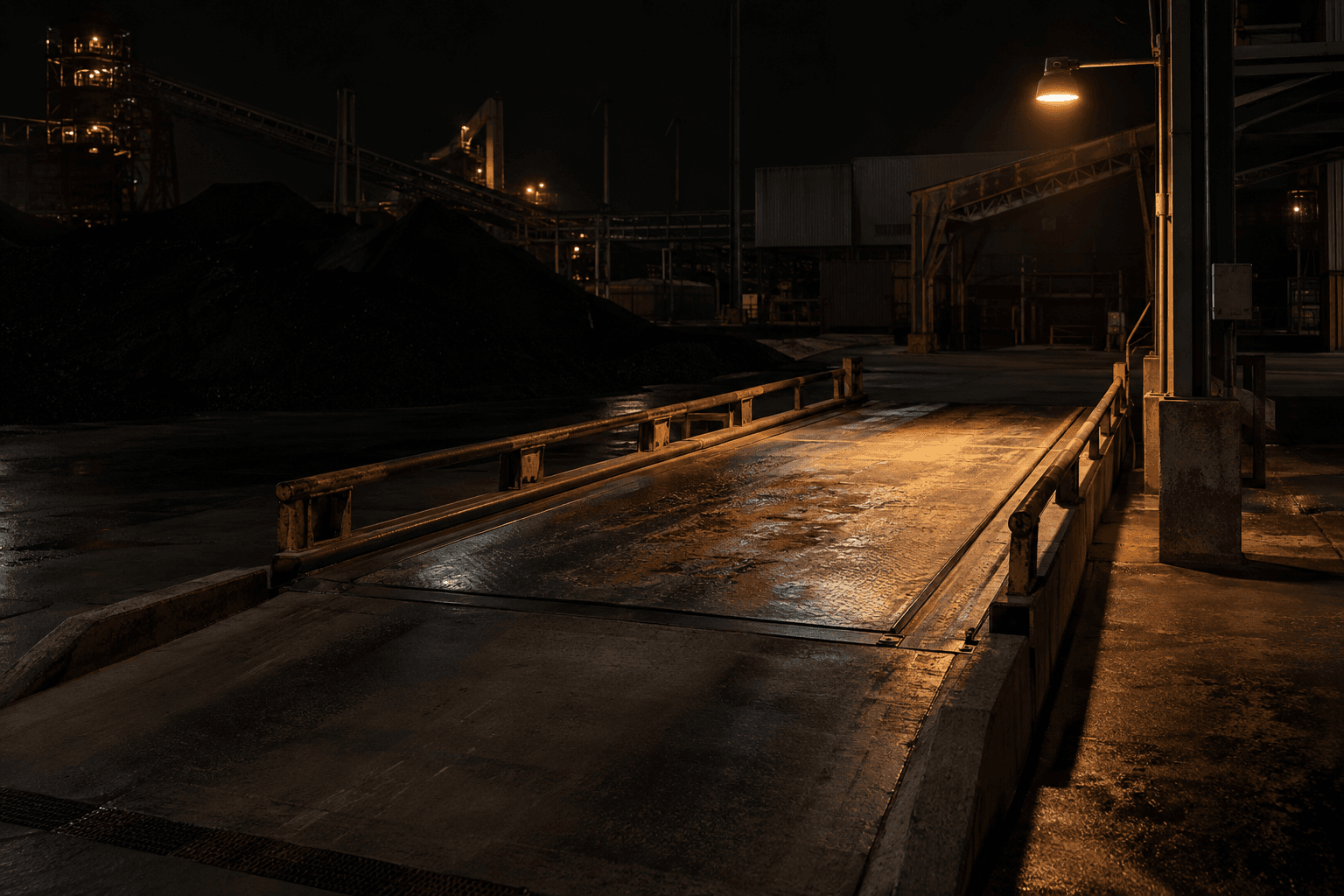 An unmarked steel weighbridge sits in an empty concrete transfer lane at a copper processing plant beneath a single inspection lamp.