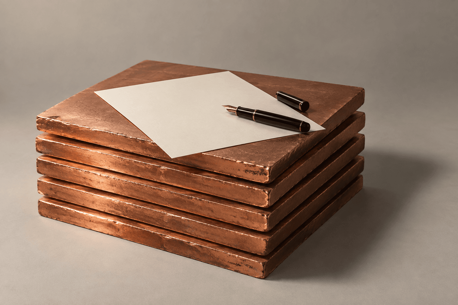 A stack of polished copper cathode plates with an uncapped fountain pen resting on a blank sheet of paper on top, under soft studio light.