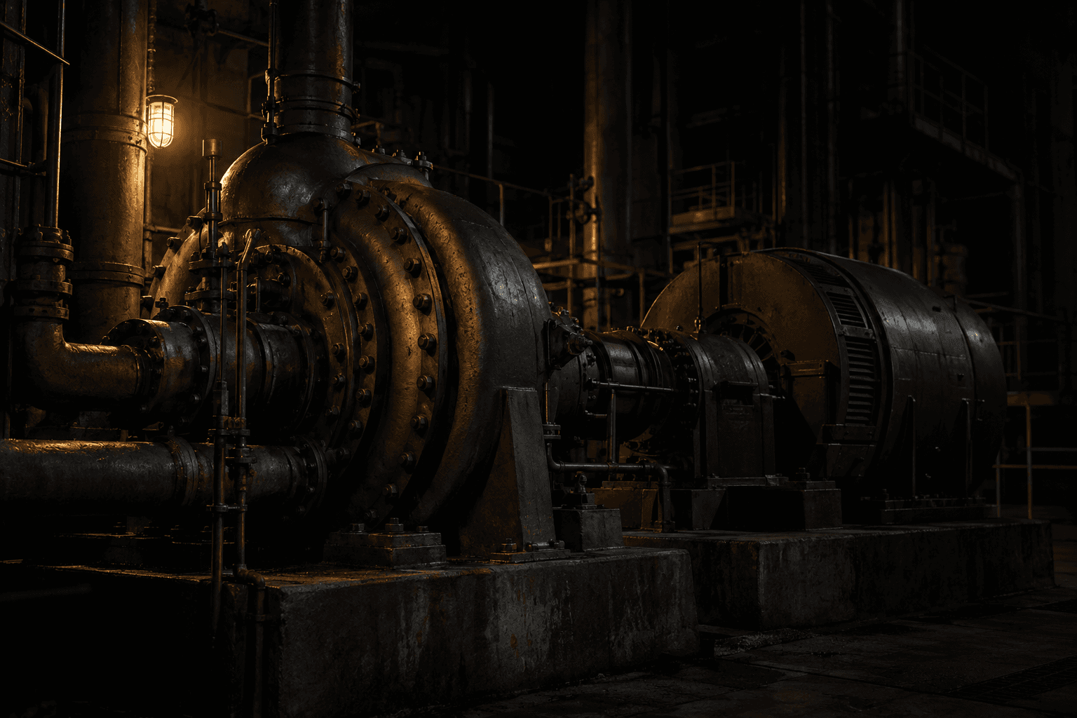 A steam turbine and generator stand inside a power station beneath a single maintenance lamp.