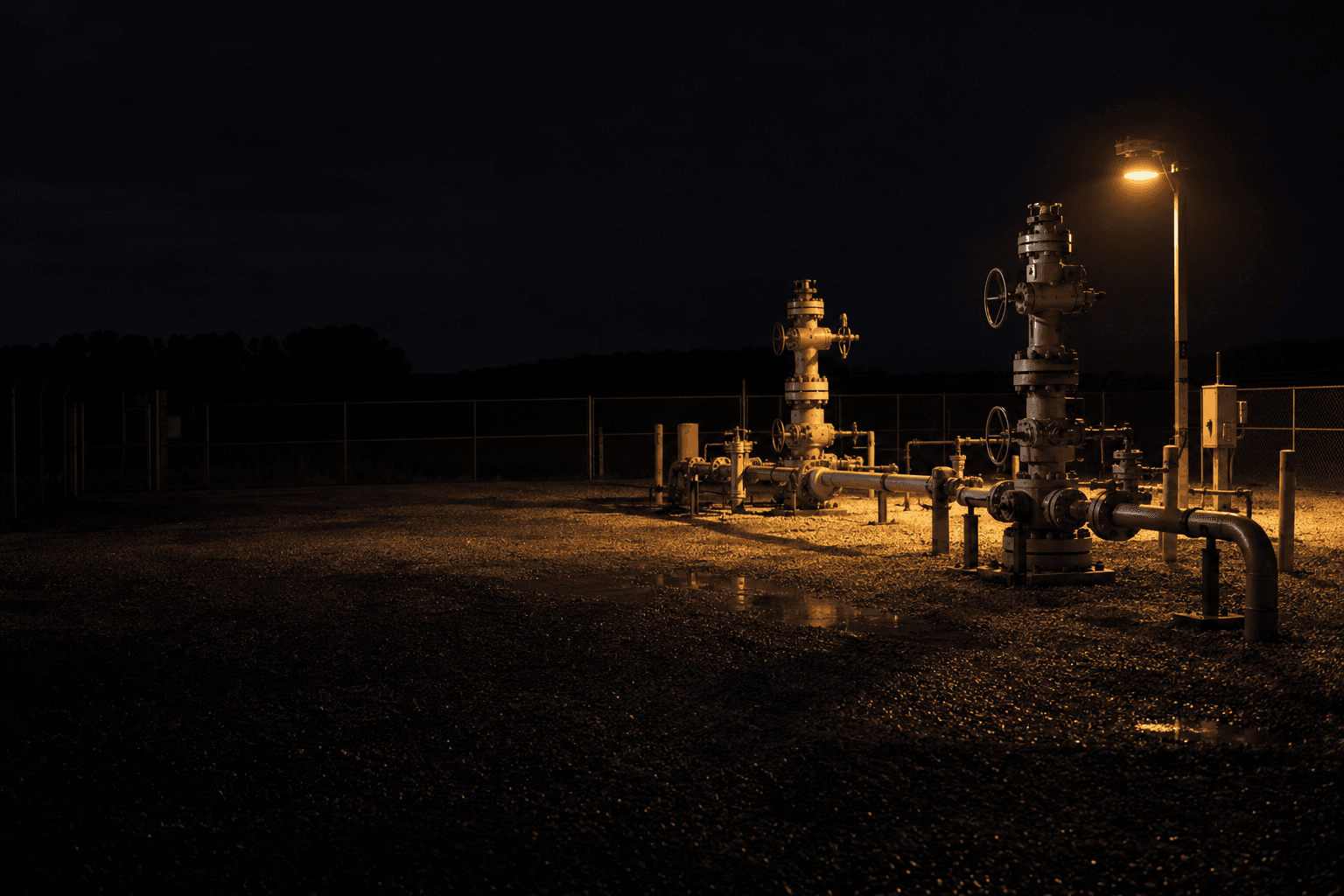Steel wellheads and connecting pipes stand on a gravel pad at an underground natural gas storage site beneath a single maintenance lamp.