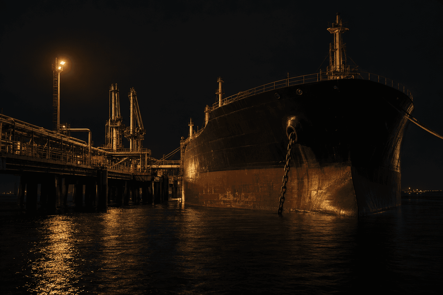 A moored tanker's steel bow and anchor chain stand beside an oil export jetty beneath a single dock lamp.