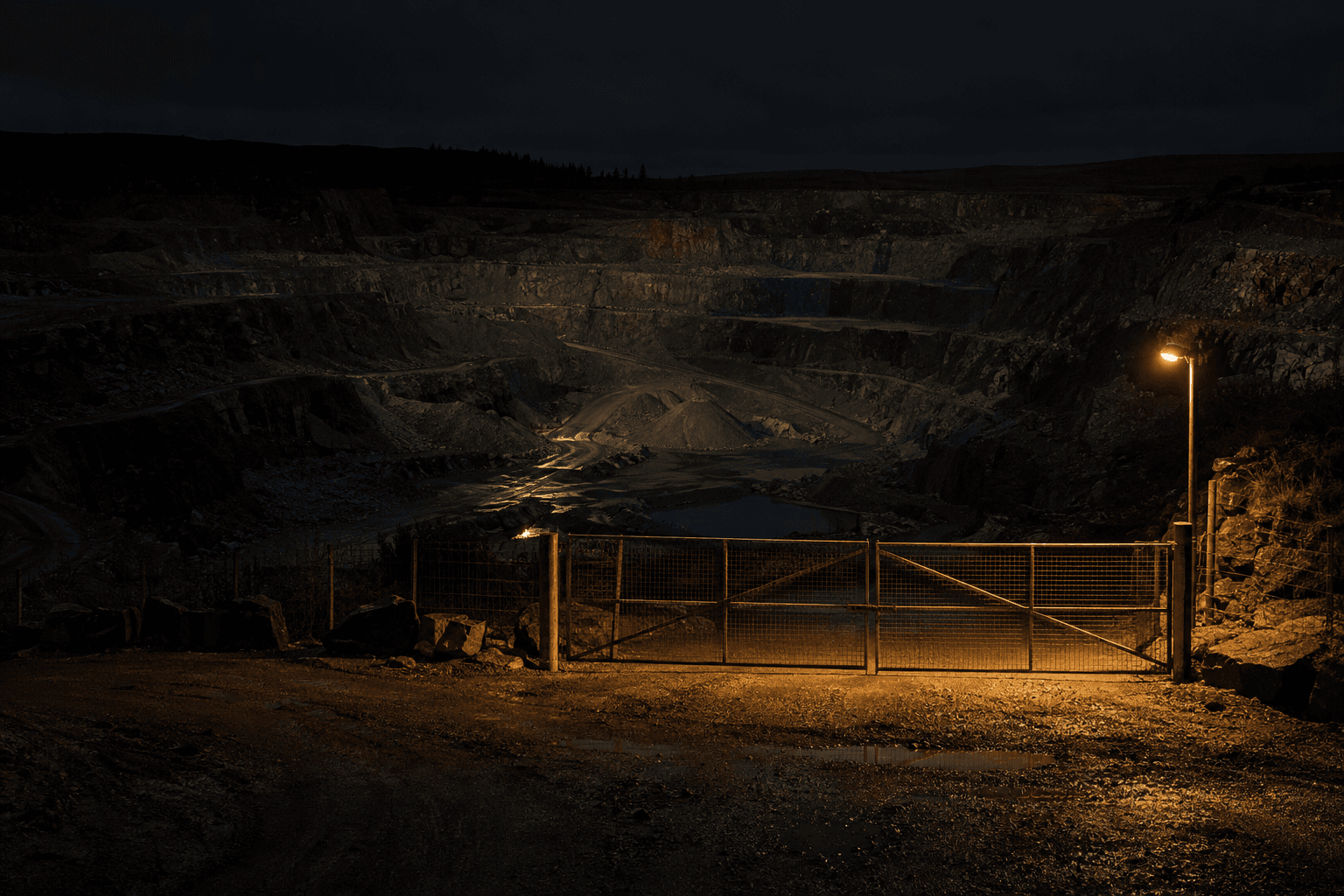 An empty Nevada open pit descends behind a steel access gate lit by a single security lamp.