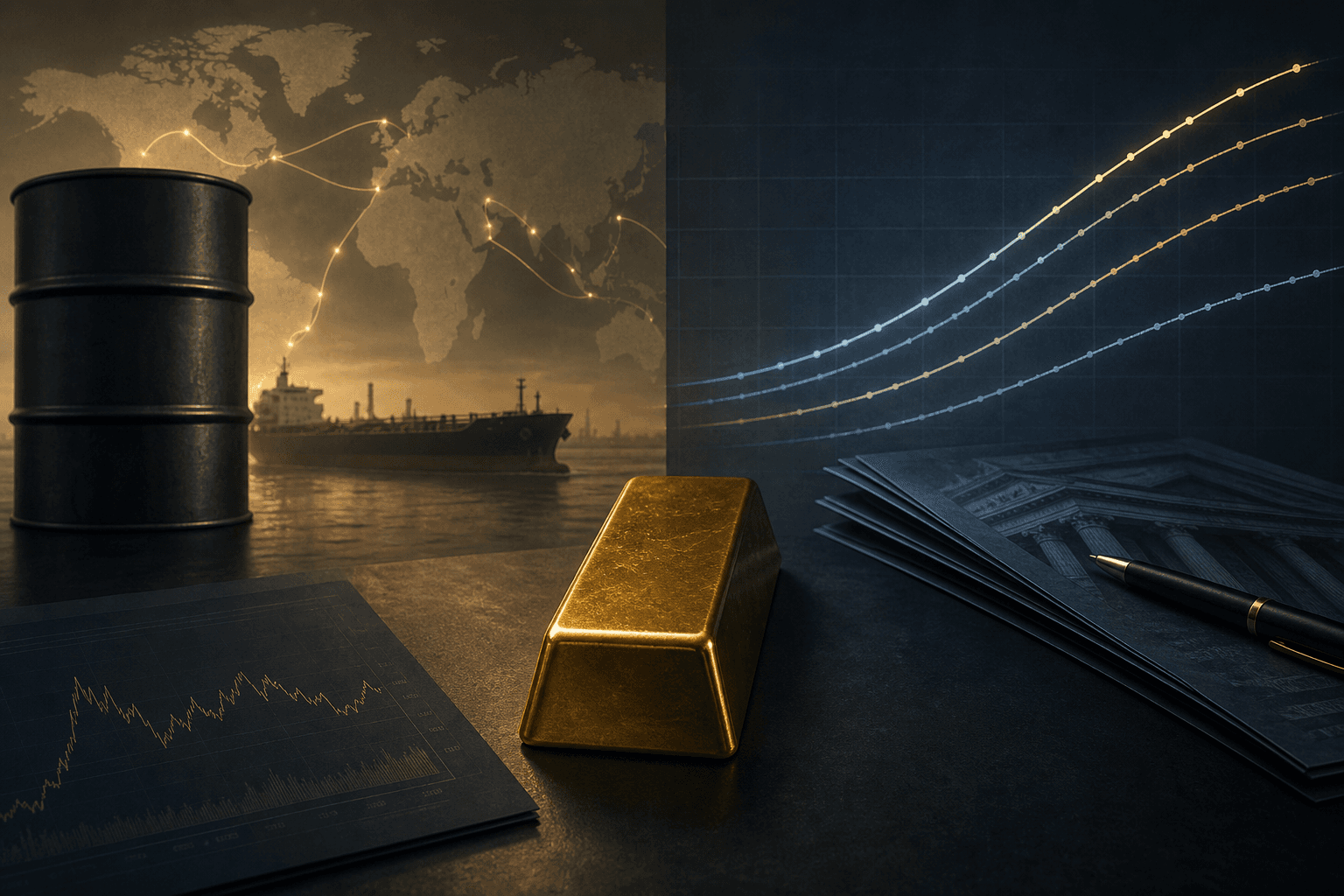 A gold bar between oil-market imagery and rising bond-yield curves