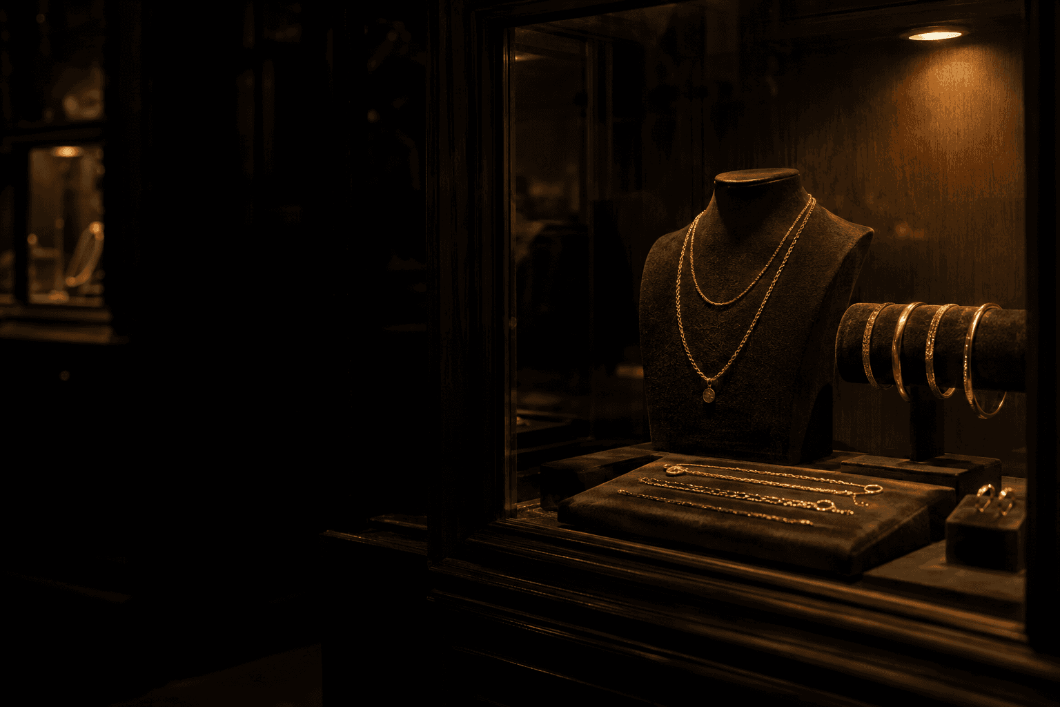 Delicate gold chains and hollow bangles rest in a jewellery shop's glass display cabinet beneath a single cabinet lamp.