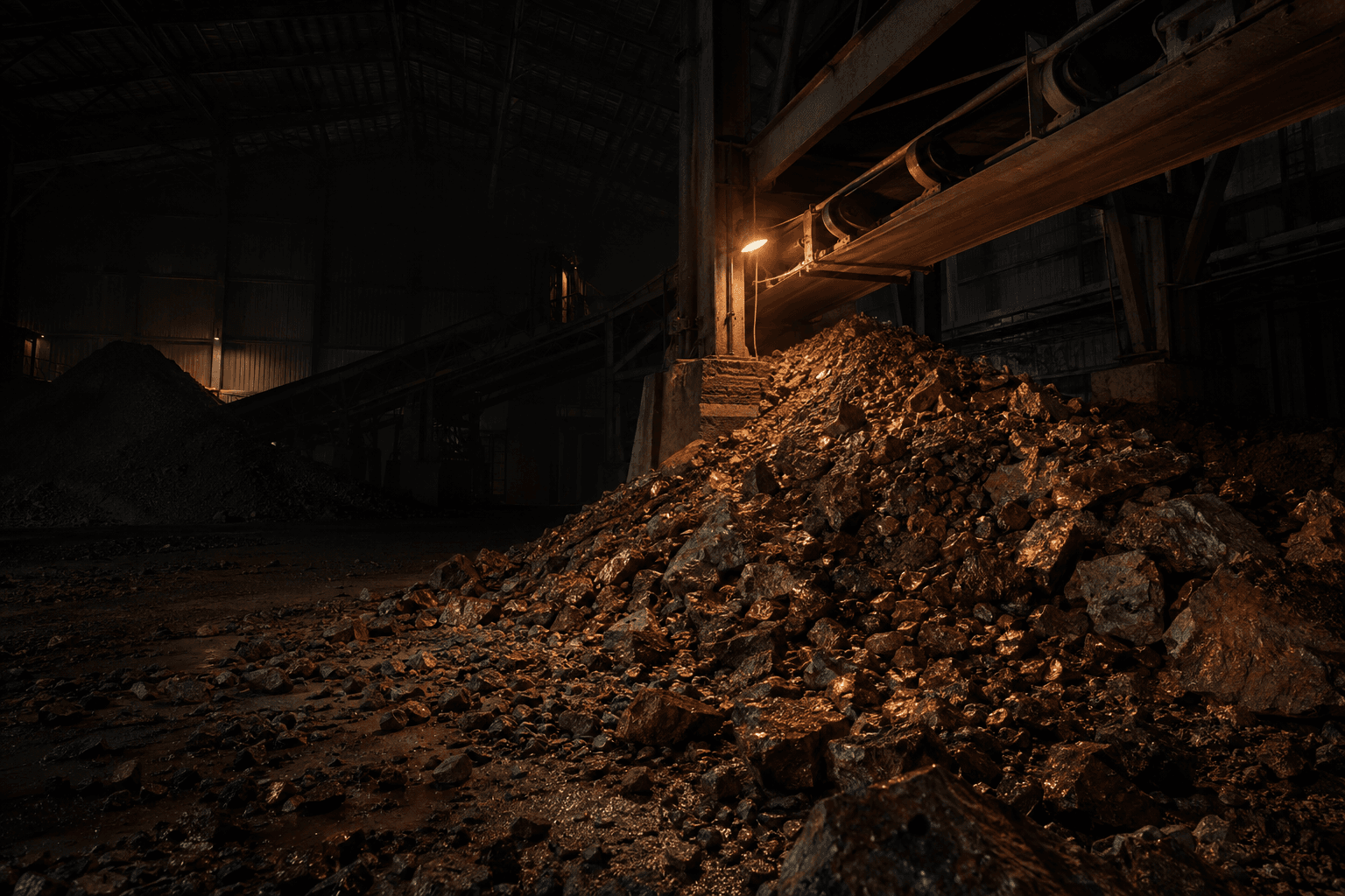 An ore stockpile lies beneath a steel conveyor inside a copper mine storage shed illuminated by a single service lamp.