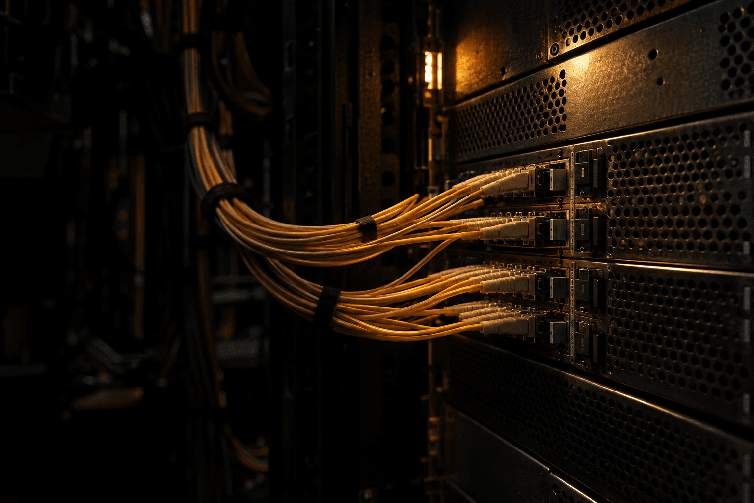 Fibre-optic cables enter a steel network switch inside an exchange data hall beneath a single service lamp.