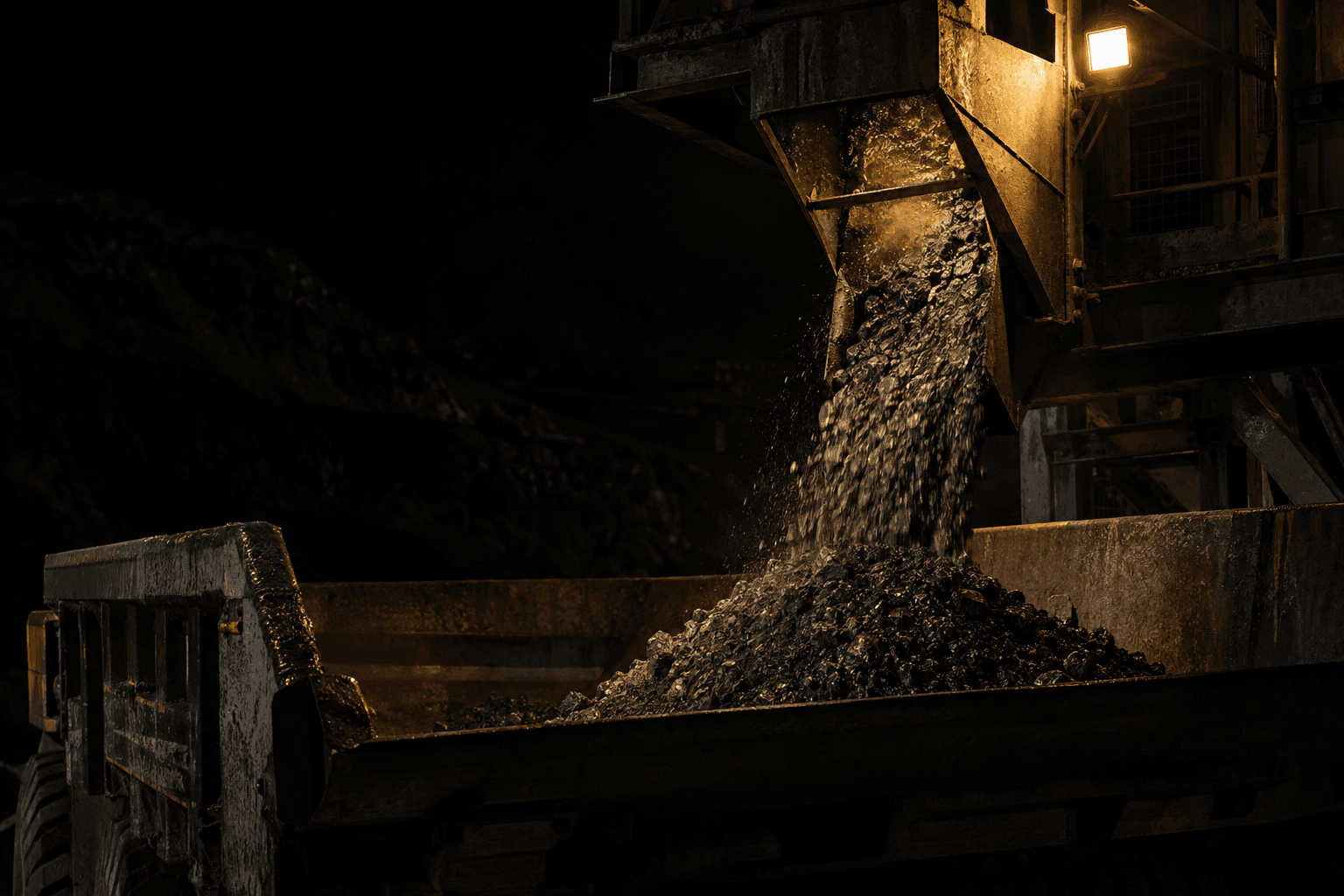 Zinc concentrate falls from a steel loading chute into an unmarked truck beneath a maintenance lamp.