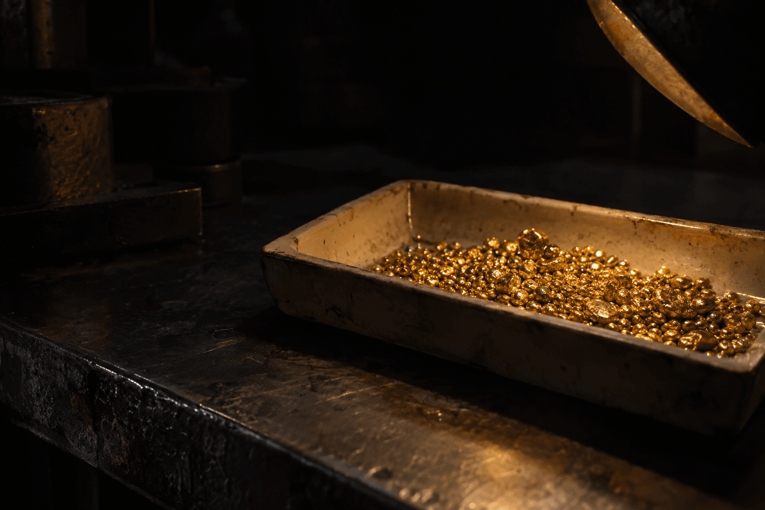 Refined gold granules rest in a ceramic tray on a steel refinery bench beneath a single inspection lamp.