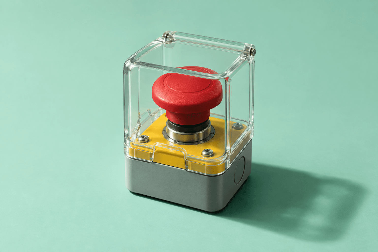 An unmarked red industrial stop button stands against a seamless seafoam green backdrop.