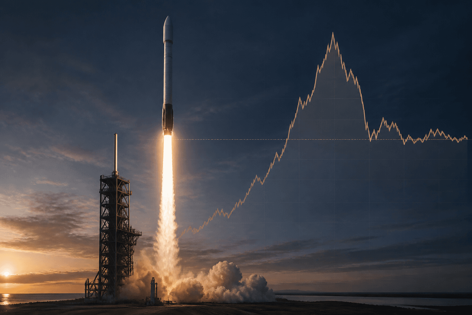 A reusable rocket launches beside a stock chart that rises, pulls back, and stabilizes.