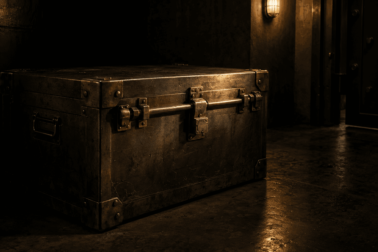 An unmarked steel bullion transport chest rests on a concrete floor beneath a single wall lamp.