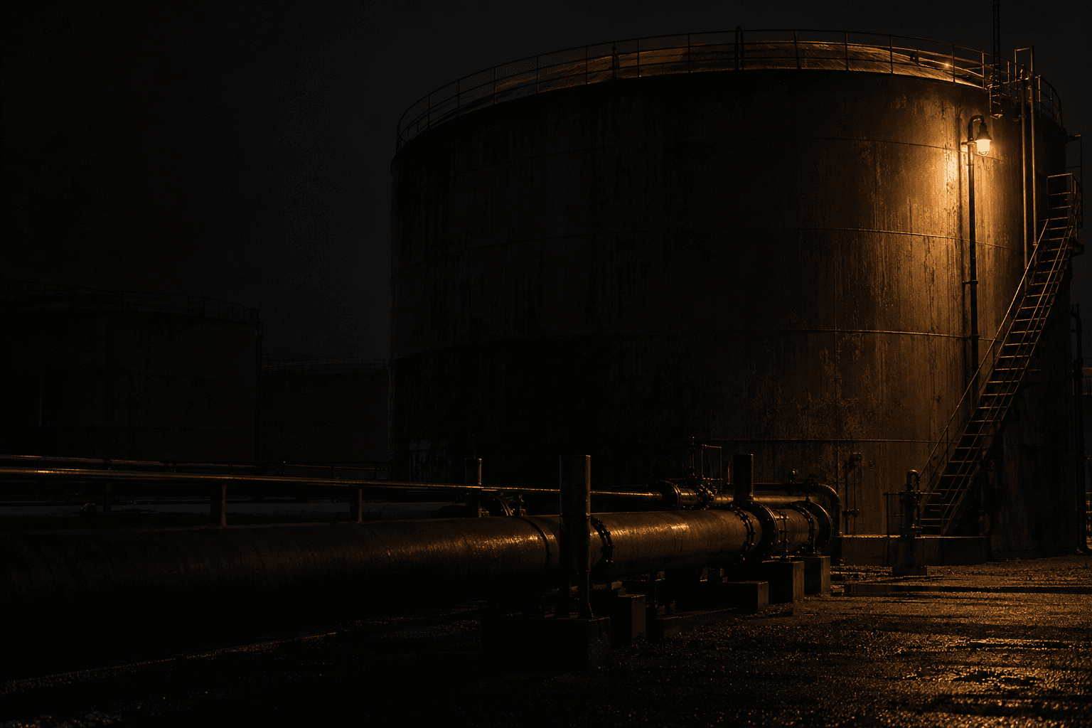 A steel distillation tower at an oil refinery stands beneath a single maintenance lamp.