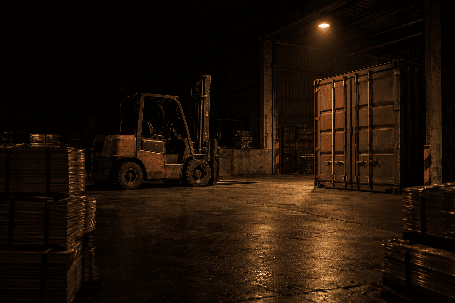 A warehouse forklift stands beside a freight container in a bonded copper depot under a single overhead work lamp.