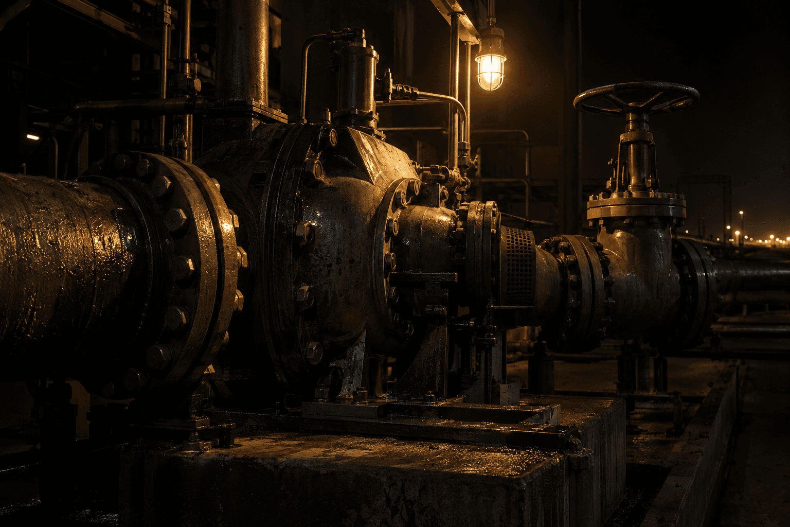 A steel booster pump and flanged crude-oil pipes sit beneath a single inspection lamp.