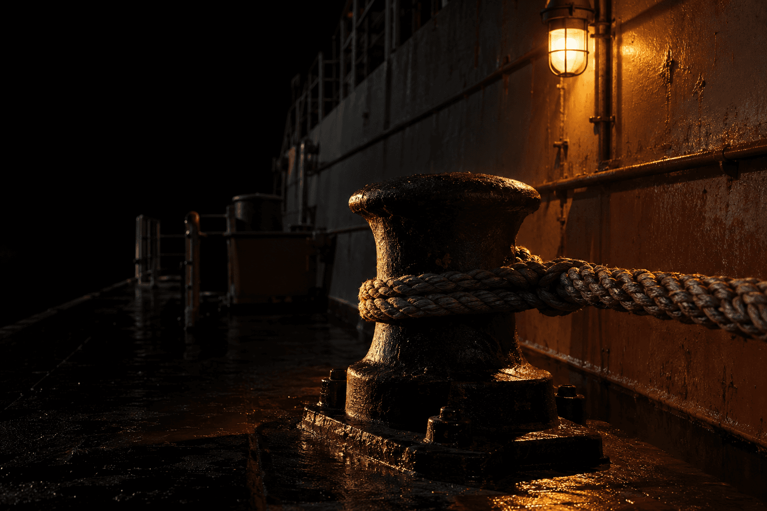 A steel mooring bollard and braided rope sit on an empty tanker deck beneath a single deck lamp.