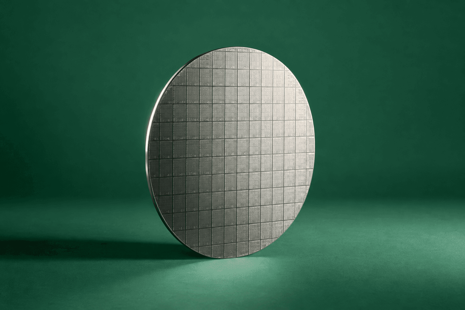 An unmarked silver silicon wafer stands against a seamless matte jade green studio backdrop.
