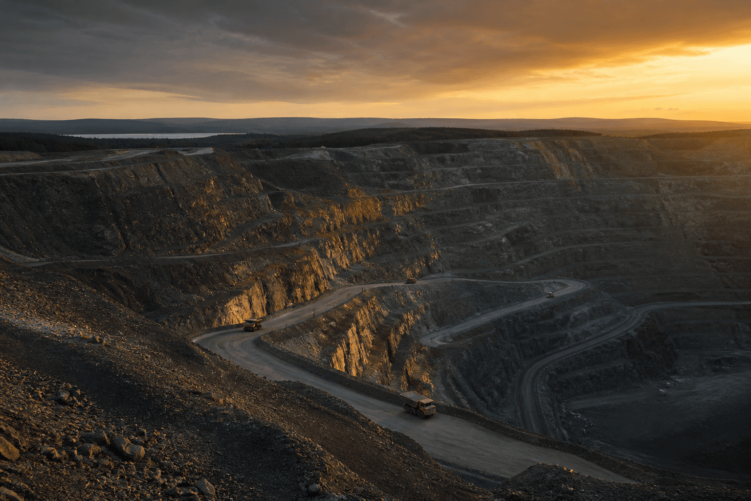 Aerial view of a terraced Canadian open-pit gold mine at golden hour