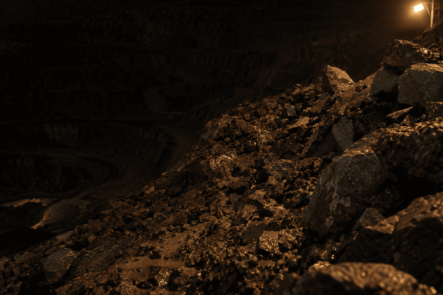 Wet mud and angular mine rock lie in El Teniente's open-pit section under a single work lamp.