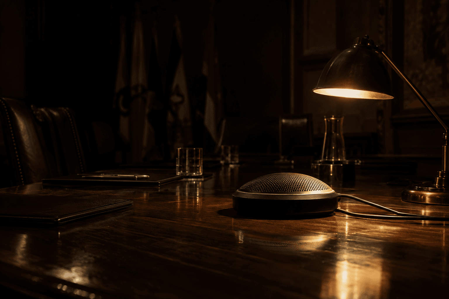 An unmarked conference loudspeaker sits on a wooden summit table beneath a single desk lamp.