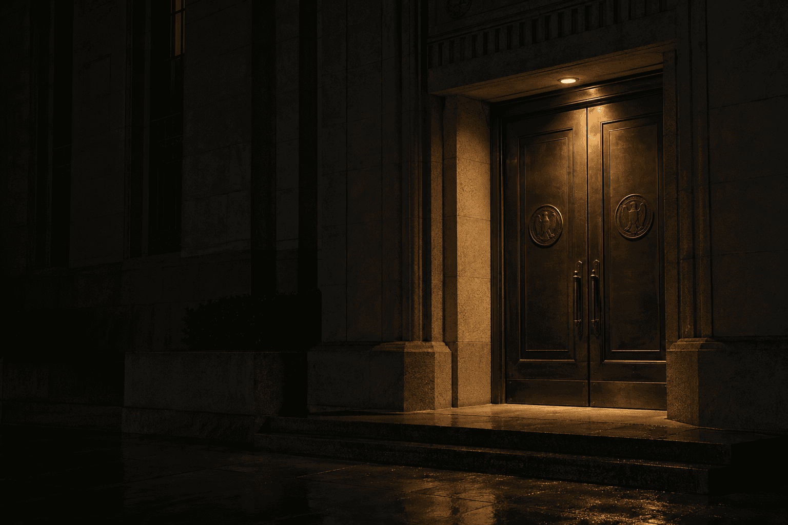 Closed metal bank entrance doors stand within a stone surround beneath a single recessed entry lamp.