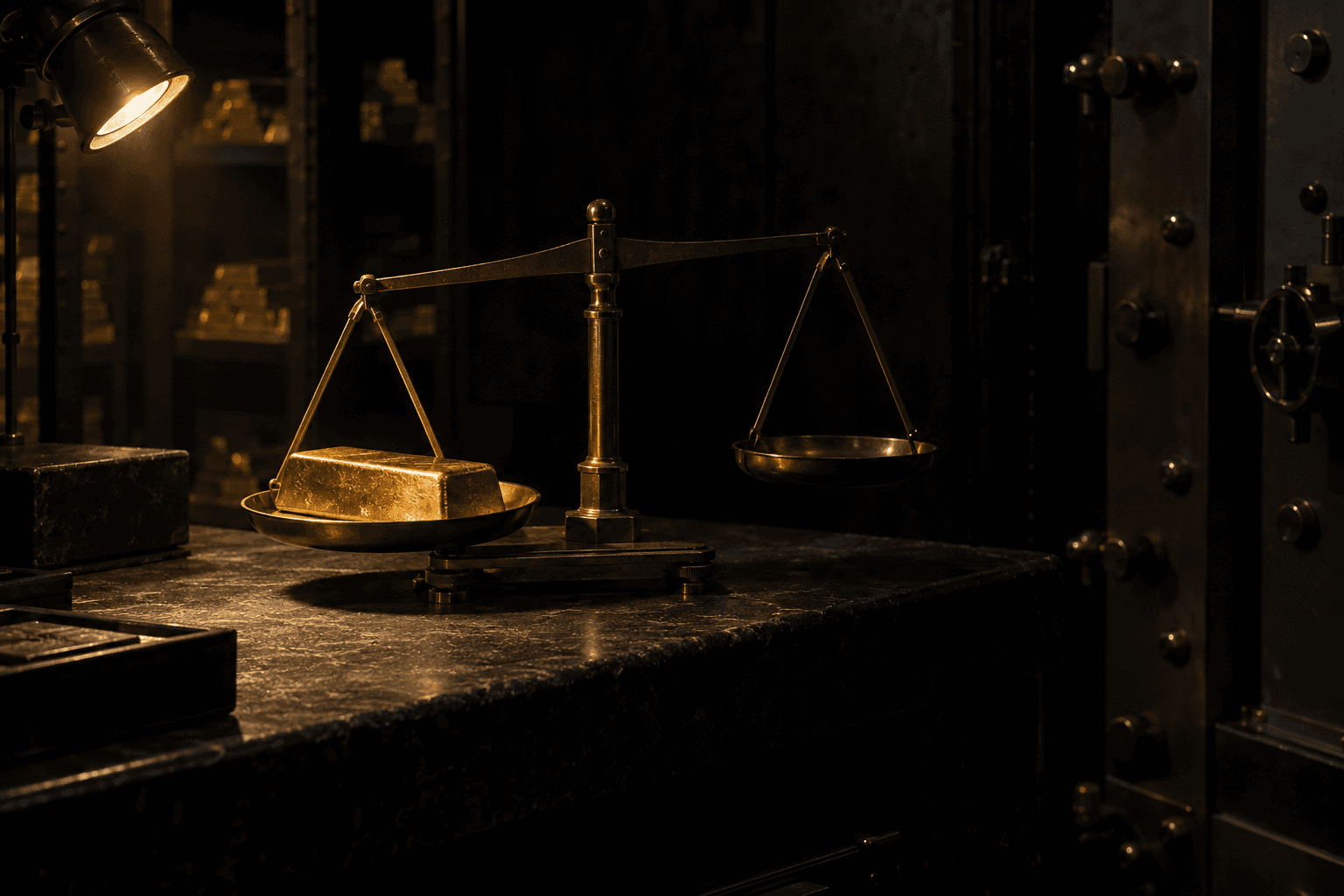 A plain gold bullion bar sits in an unmarked brass beam balance beneath a single inspection lamp in a vault.