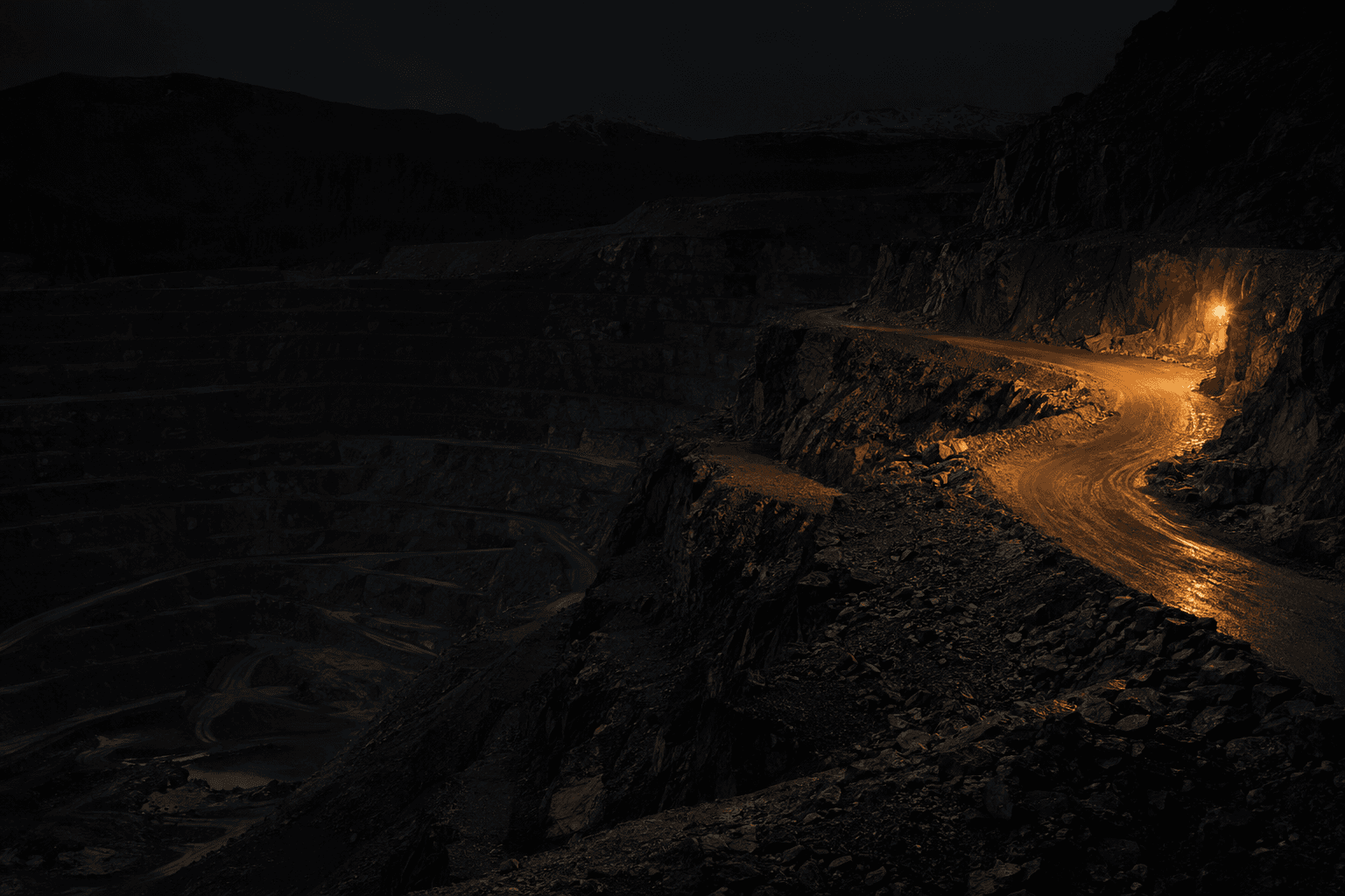 A gravel haul road curves along a stepped rock bench at an open-pit copper mine beneath a single service lamp.
