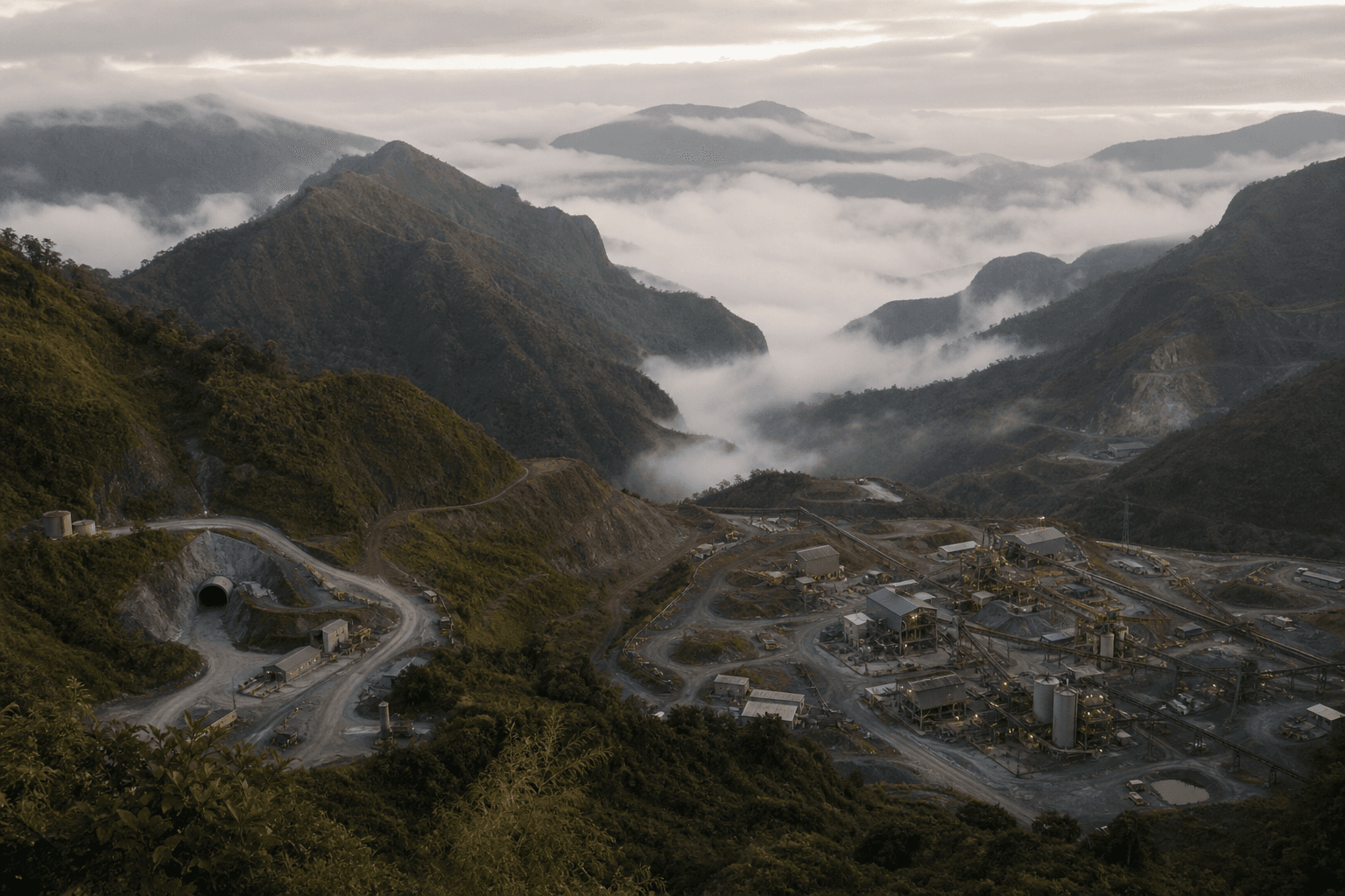 Editorial aerial view of a gold-mining operation in Papua New Guinea's misty green highlands