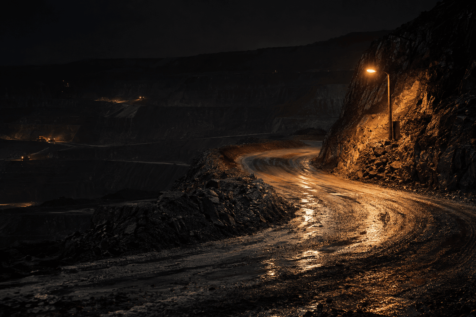 A wet haul road curves beneath an exposed rock bench at a copper mine under a single service lamp.