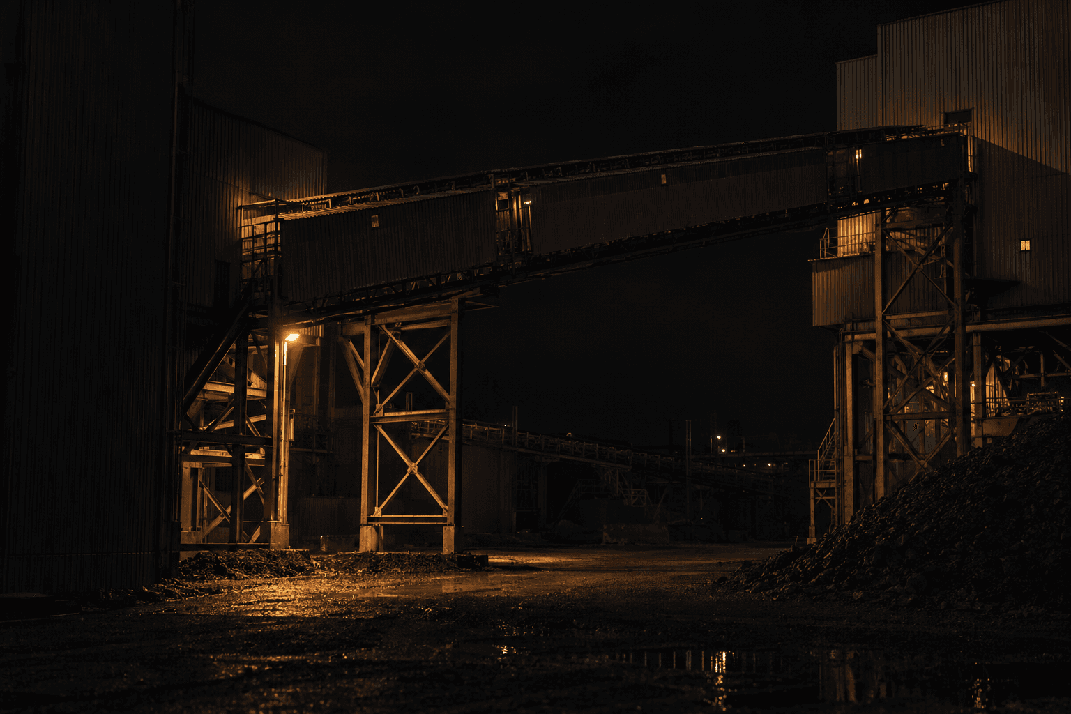 A maintenance lamp illuminates the steel supports of a copper concentrator's transfer gallery between processing buildings.