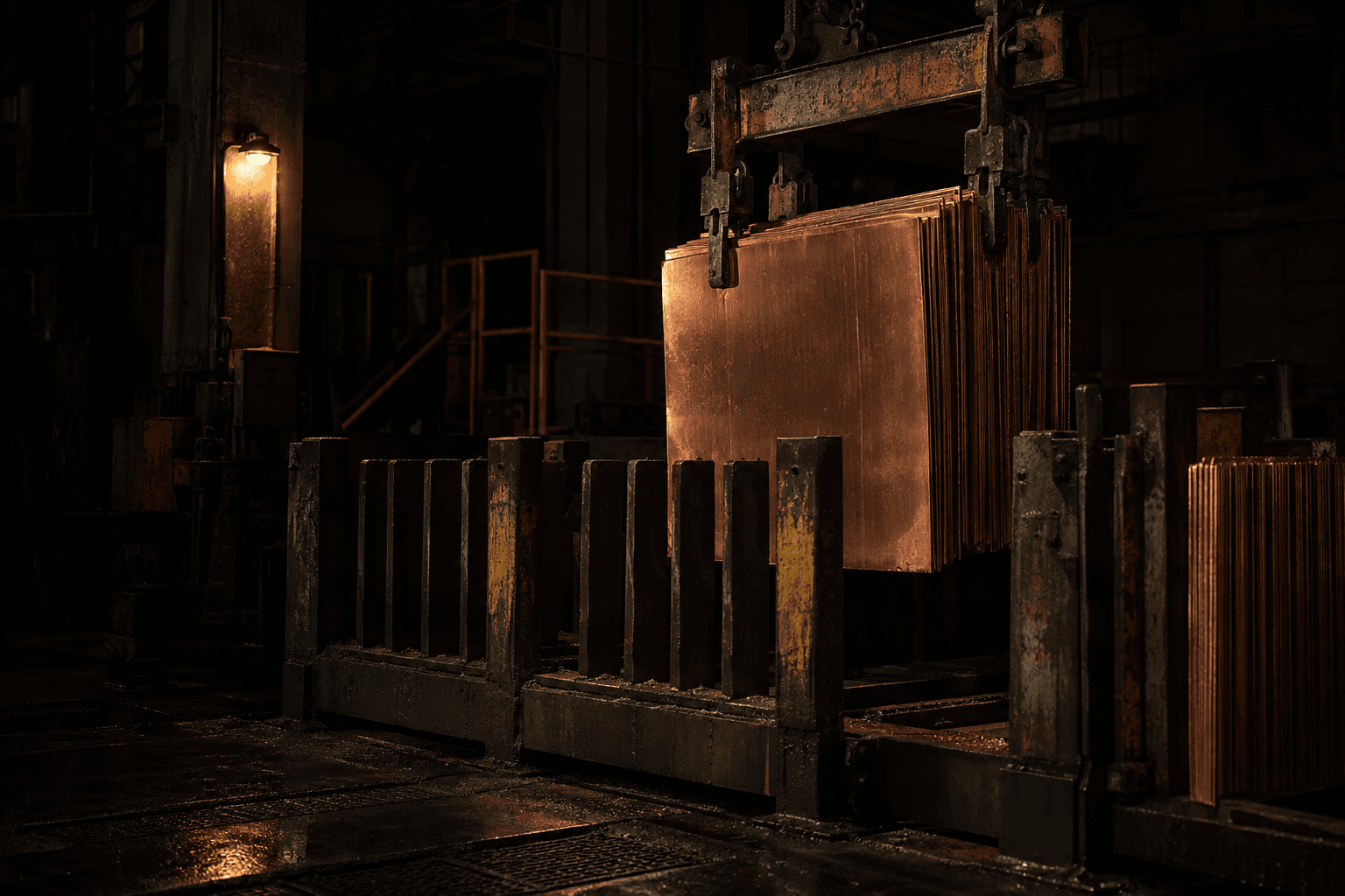 Copper cathode sheets descend from a steel lifting beam into a shipping rack beneath a single work lamp.