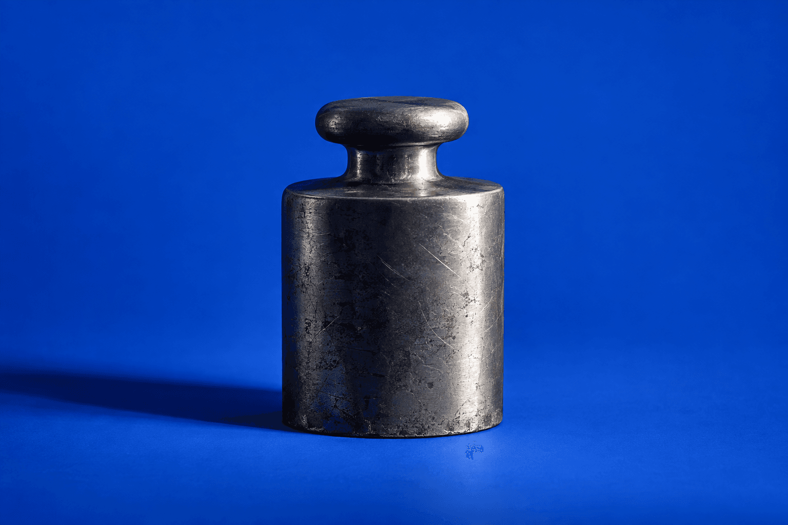 A single steel counterweight stands on a cobalt blue studio backdrop under angled light.