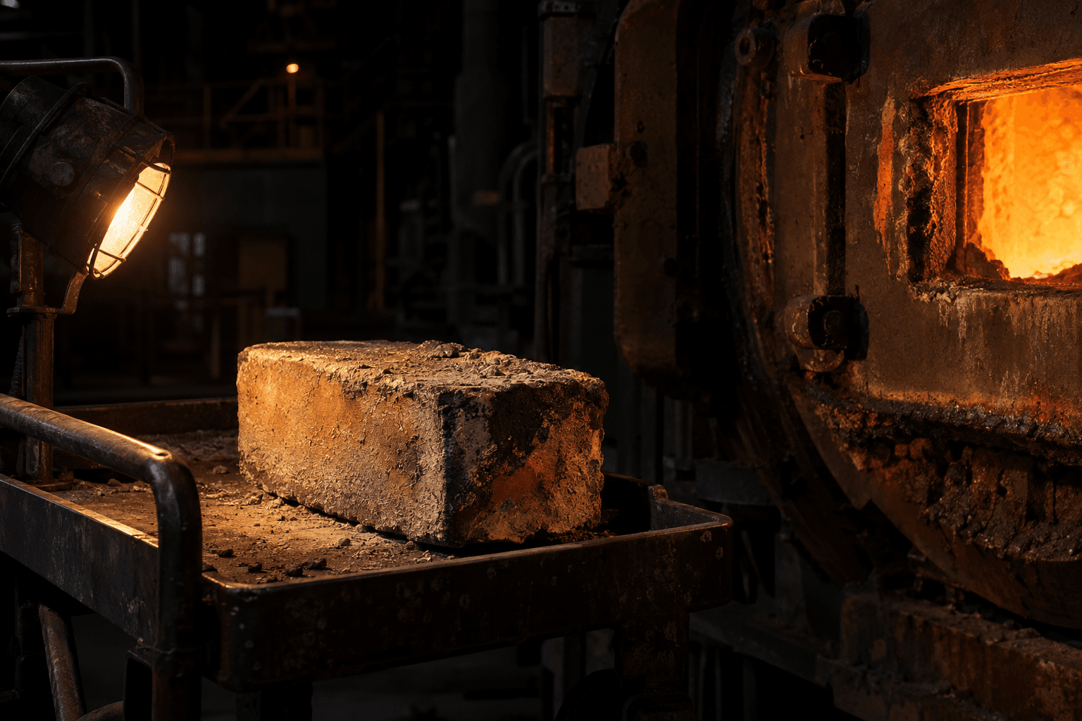 A heat-worn refractory brick rests on a steel maintenance trolley beside a copper furnace access port beneath a portable work lamp.