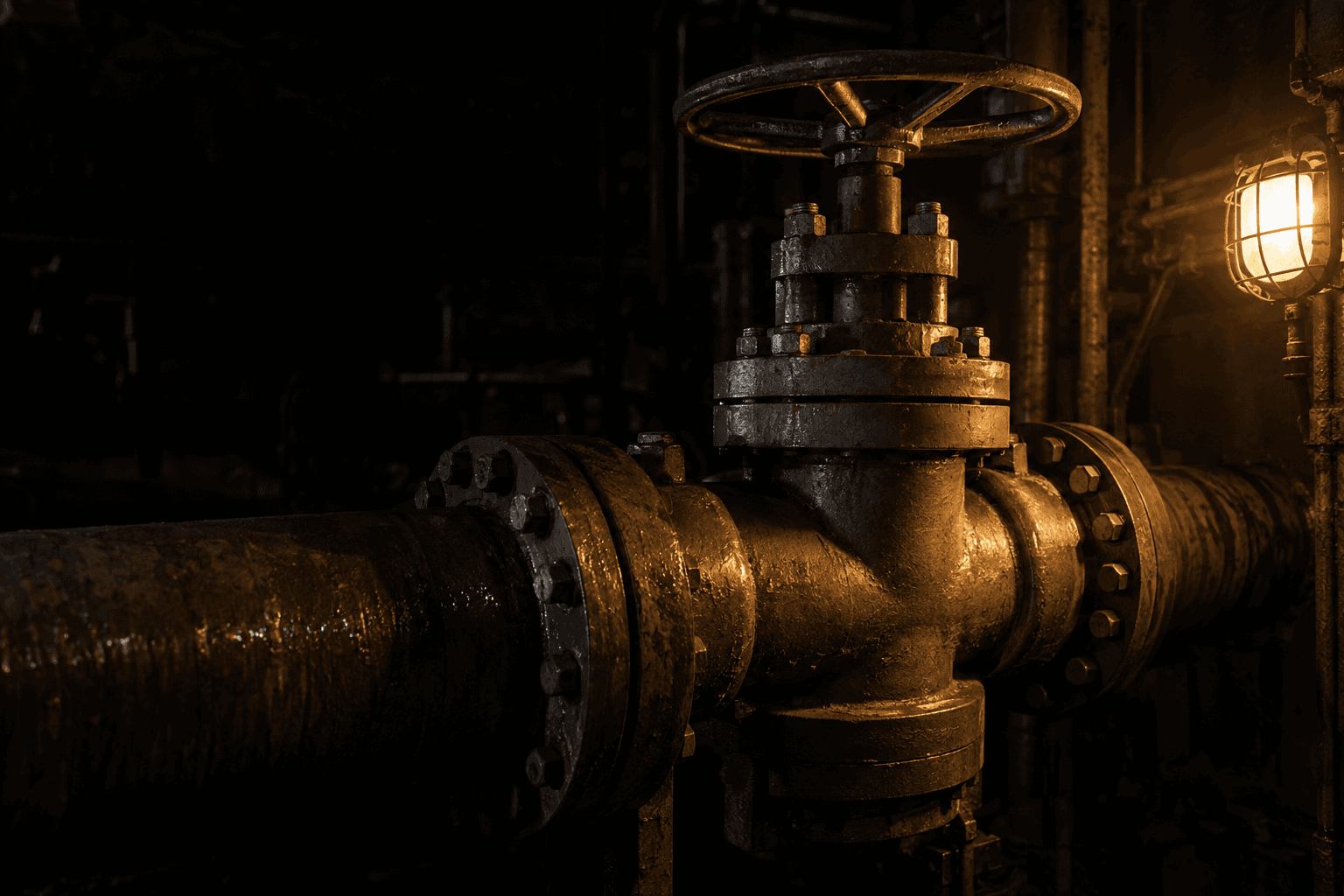 An unmarked steel isolation valve connects injection pipes at an underground natural gas storage facility beneath a single inspection lamp.