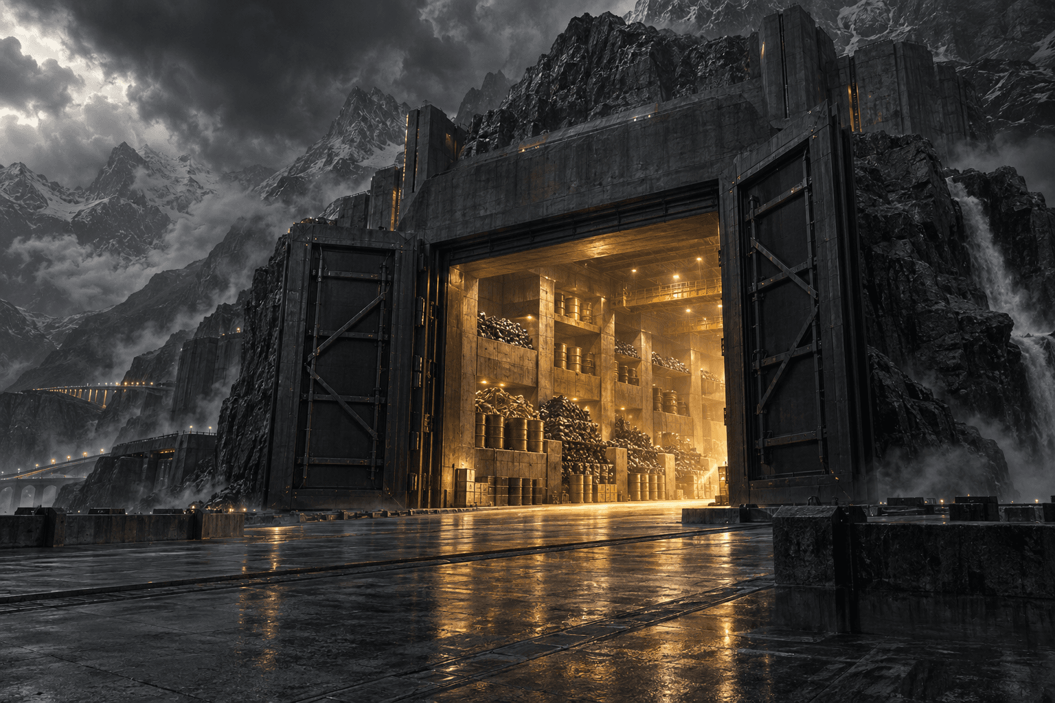 An illuminated critical minerals repository sits behind massive steel doors cut into a mountain beneath a storm sky.