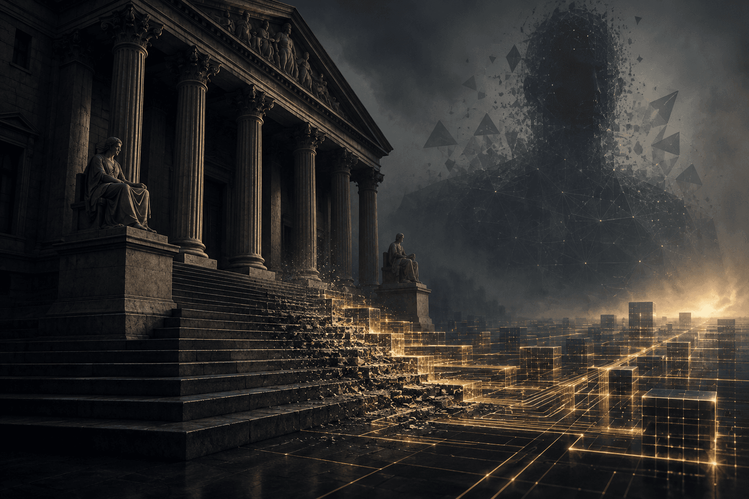 Conceptual illustration of a shadowed bank dissolving into digital circuits beneath an abstract AI silhouette.