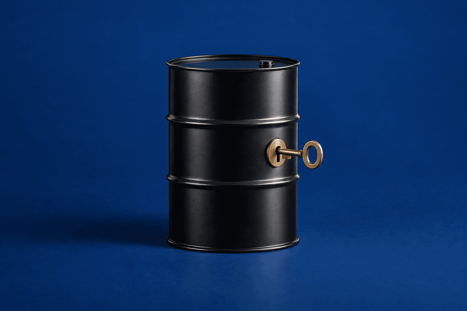 Um barril de petróleo preto tem uma pequena chave de latão inserida em uma fechadura na lateral curva, diante de um fundo azul-escuro.
