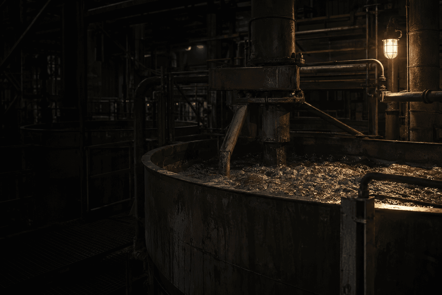 A steel flotation cell at a molybdenum concentrator stands beneath a single maintenance lamp.