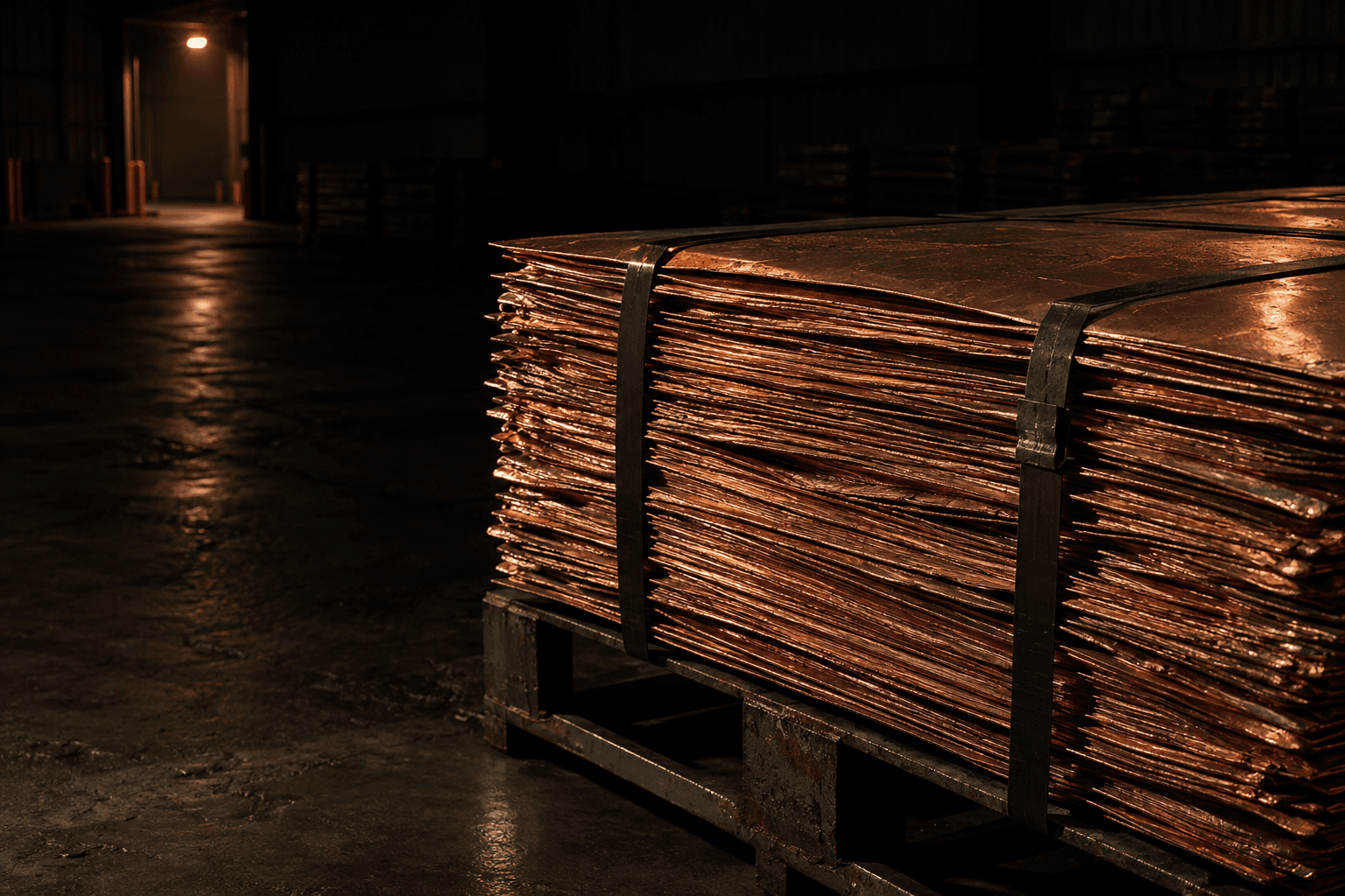 Stacked copper cathode sheets rest on a steel pallet in an empty export shed beneath a single loading bay lamp.