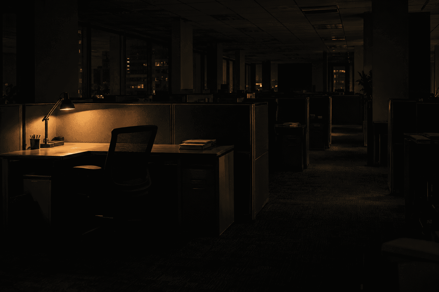 Empty federal office cubicles with steel partitions stand beneath a single desk lamp.