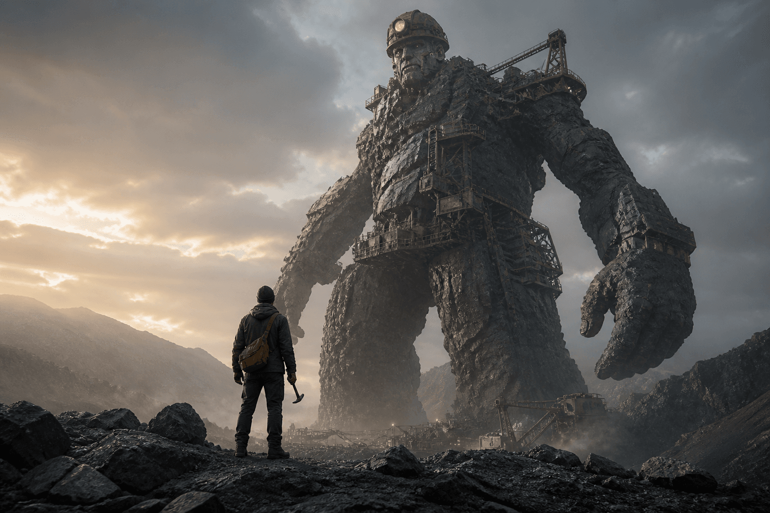 A lone mining prospector confronting a colossal giant made of stone and industrial machinery, symbolizing David versus Goliath