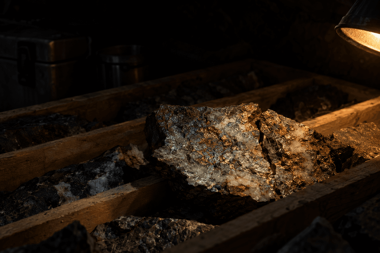 A split piece of copper-bearing exploration rock rests in a timber sample tray beneath a single inspection lamp.
