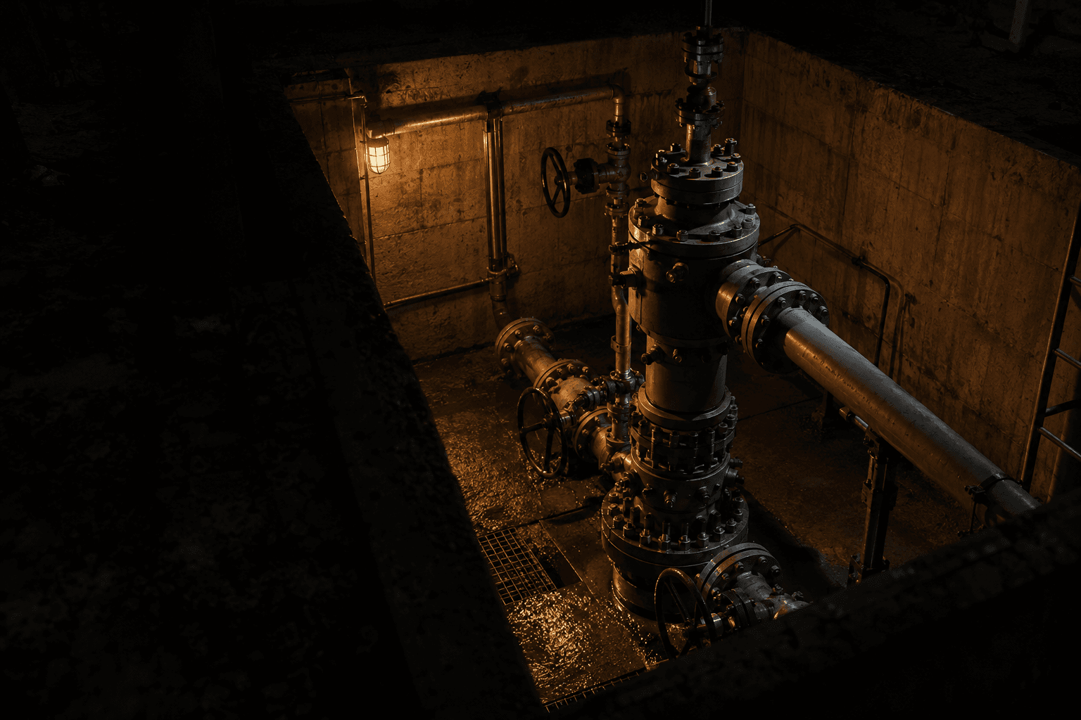 A concrete well cellar surrounds a steel wellhead and injection pipes at an underground natural gas storage site beneath a maintenance lamp.