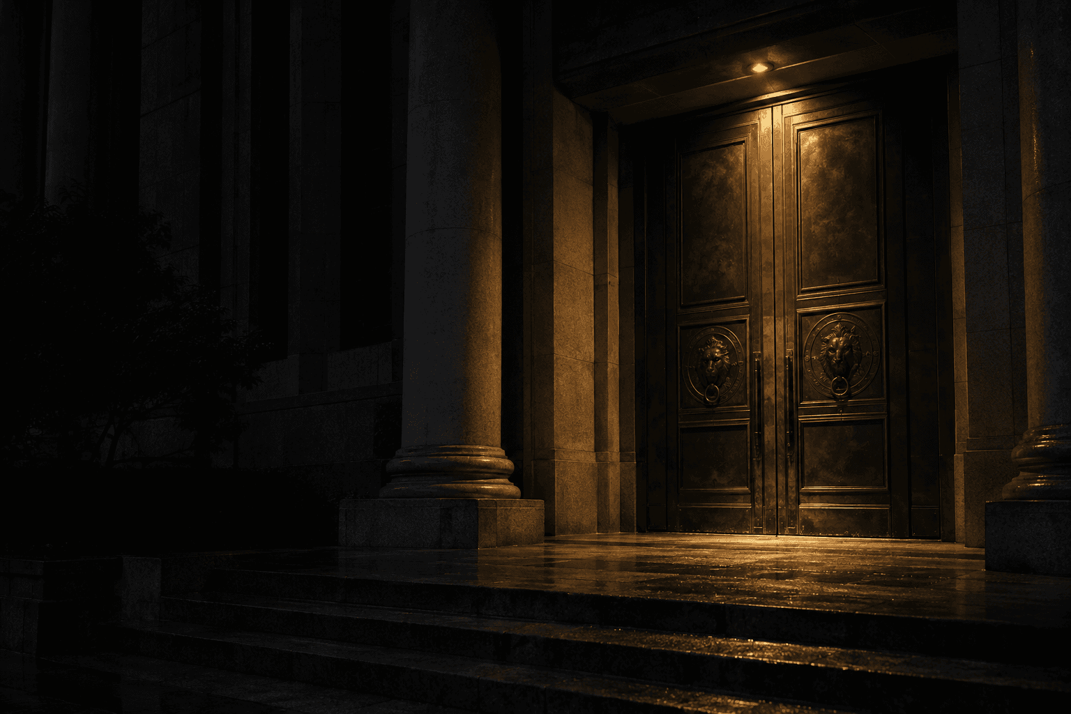 Closed bronze doors stand between stone columns at a central bank entrance in Beijing beneath a single recessed lamp.